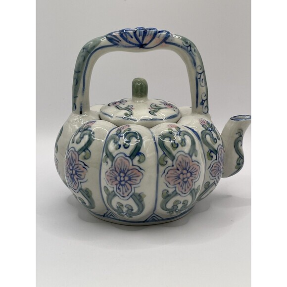 Tea Pot with Lid Blue Pink Green Hand Painted Ceramic - Picture 3 of 9